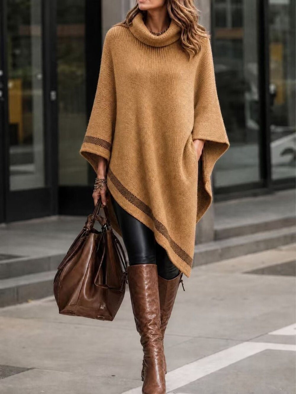 Brown Casual Women's Turtleneck Batwing Sleeve Asymmetrical Hem Knit Poncho